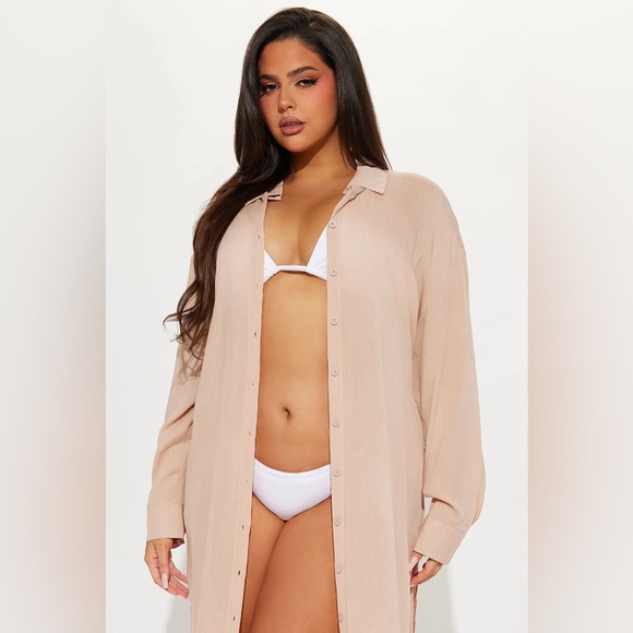Fashion Nova Breezy Nights Linen Swim Cover Up Kimono - Taupe Small - Picture 5 of 6